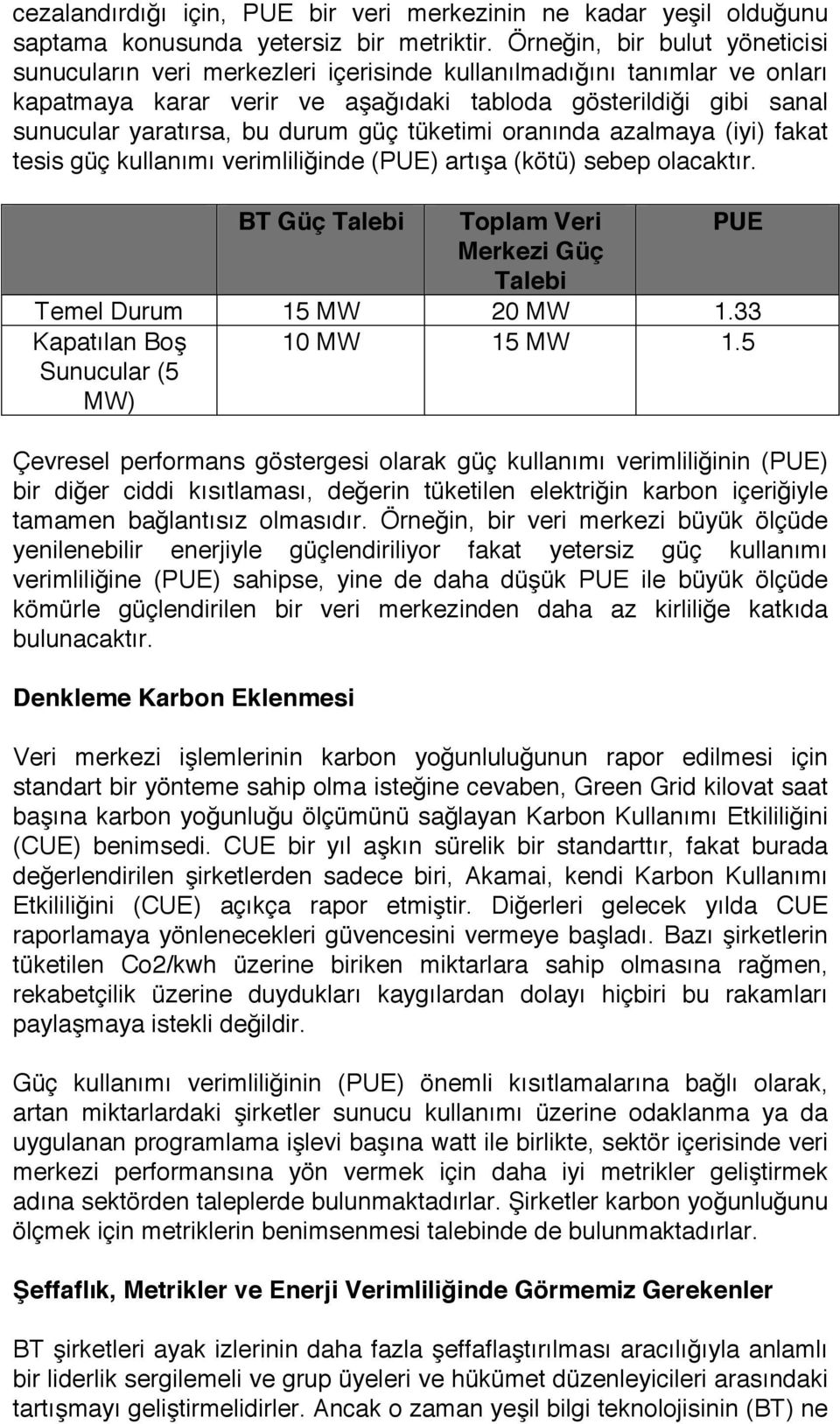 durum güç tüketimi oranında azalmaya (iyi) fakat tesis güç kullanımı verimliliğinde (PUE) artışa (kötü) sebep olacaktır. BT Güç Talebi Toplam Veri PUE Merkezi Güç Talebi Temel Durum 15 MW 20 MW 1.