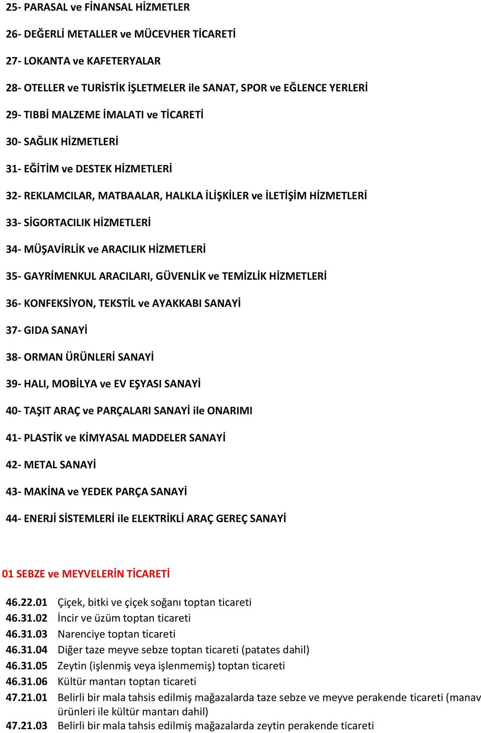 35- GAYRİMENKUL ARACILARI, GÜVENLİK ve TEMİZLİK HİZMETLERİ 36- KONFEKSİYON, TEKSTİL ve AYAKKABI SANAYİ 37- GIDA SANAYİ 38- ORMAN ÜRÜNLERİ SANAYİ 39- HALI, MOBİLYA ve EV EŞYASI SANAYİ 40- TAŞIT ARAÇ