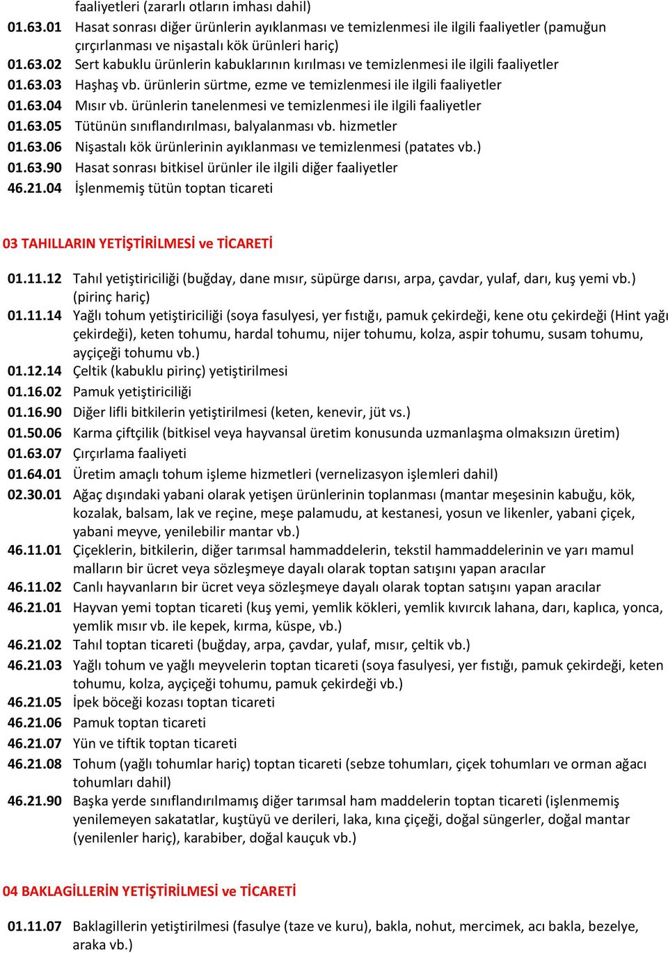 hizmetler 01.63.06 Nişastalı kök ürünlerinin ayıklanması ve temizlenmesi (patates vb.) 01.63.90 Hasat sonrası bitkisel ürünler ile ilgili diğer faaliyetler 46.21.