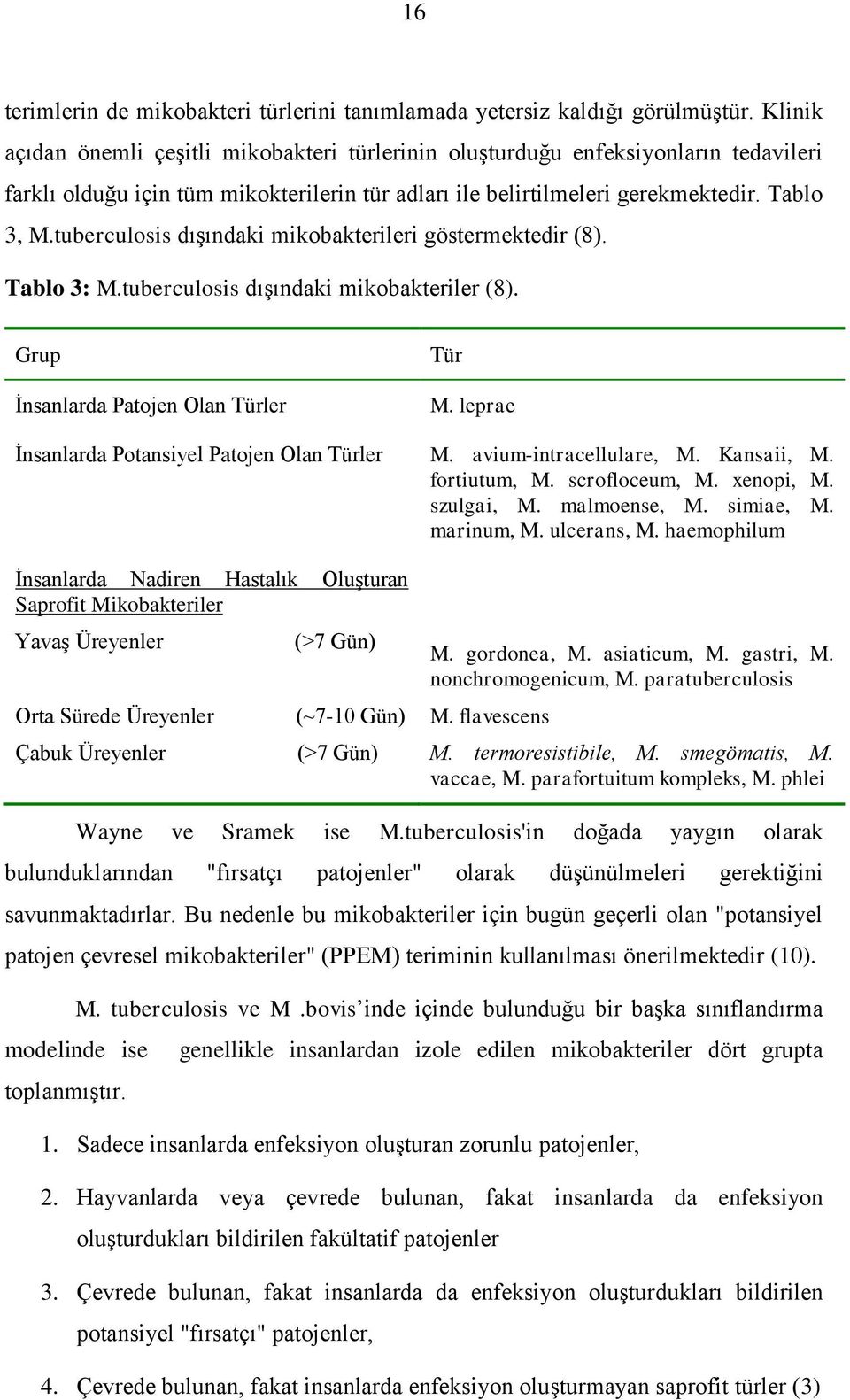 tuberculosis dışındaki mikobakterileri göstermektedir (8). Tablo 3: M.tuberculosis dışındaki mikobakteriler (8). Grup İnsanlarda Patojen Olan Türler Tür M.