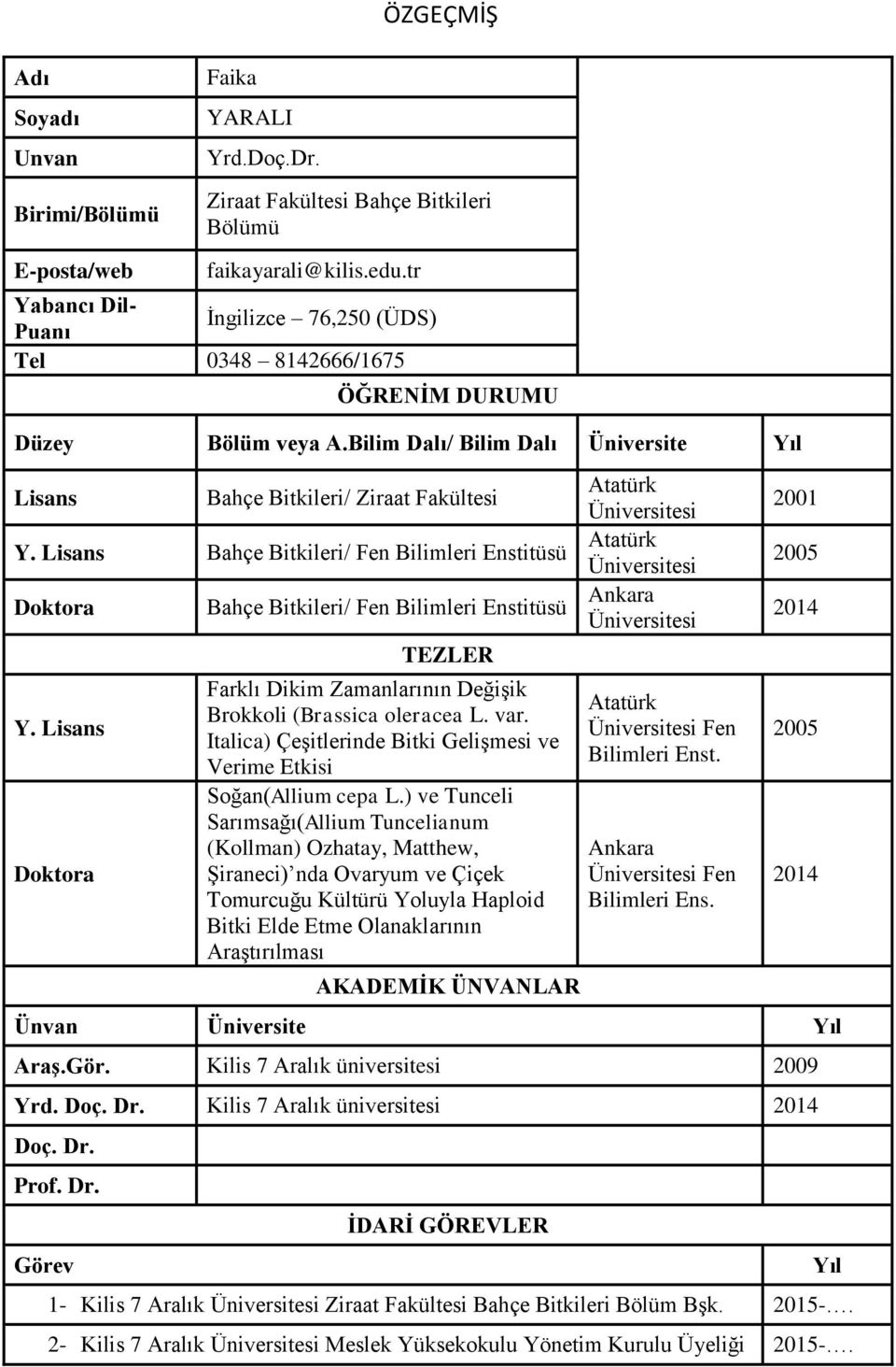 Lisans Bahçe Bitkileri/ Fen Bilimleri Enstitüsü Doktora Y. Lisans Doktora Bahçe Bitkileri/ Fen Bilimleri Enstitüsü TEZLER Farklı Dikim Zamanlarının Değişik Brokkoli (Brassica oleracea L. var.