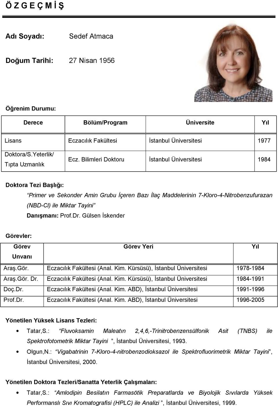 Bilimleri Doktoru İstanbul Üniversitesi 1984 Doktora Tezi Başlığı: Primer ve Sekonder Amin Grubu İçeren Bazı İlaç Maddelerinin 7-Kloro-4-Nitrobenzufurazan (NBD-Cl) ile Miktar Tayini Danışmanı: Prof.