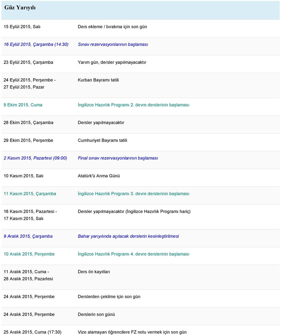 devre derslerinin başlaması 28 Ekim 2015, Çarşamba Dersler yapılmayacaktır 29 Ekim 2015, Perşembe Cumhuriyet Bayramı tatili 2 Kasım 2015, Pazartesi (09:00) Final sınav rezervasyonlarının başlaması 10