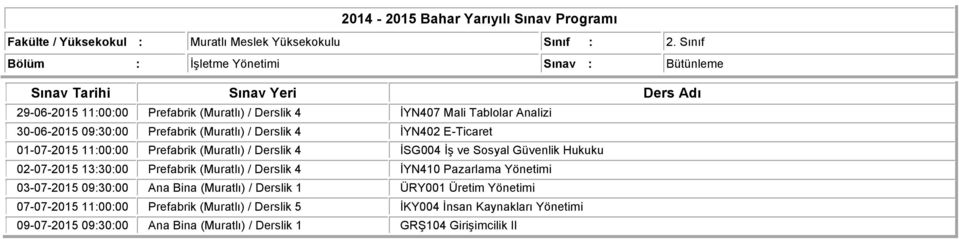 (Muratlı) / Derslik 4 İYN402 E-Ticaret 01-07-2015 11:00:00 Prefabrik (Muratlı) / Derslik 4 İSG004 İş ve Sosyal Güvenlik Hukuku 02-07-2015 13:30:00 Prefabrik