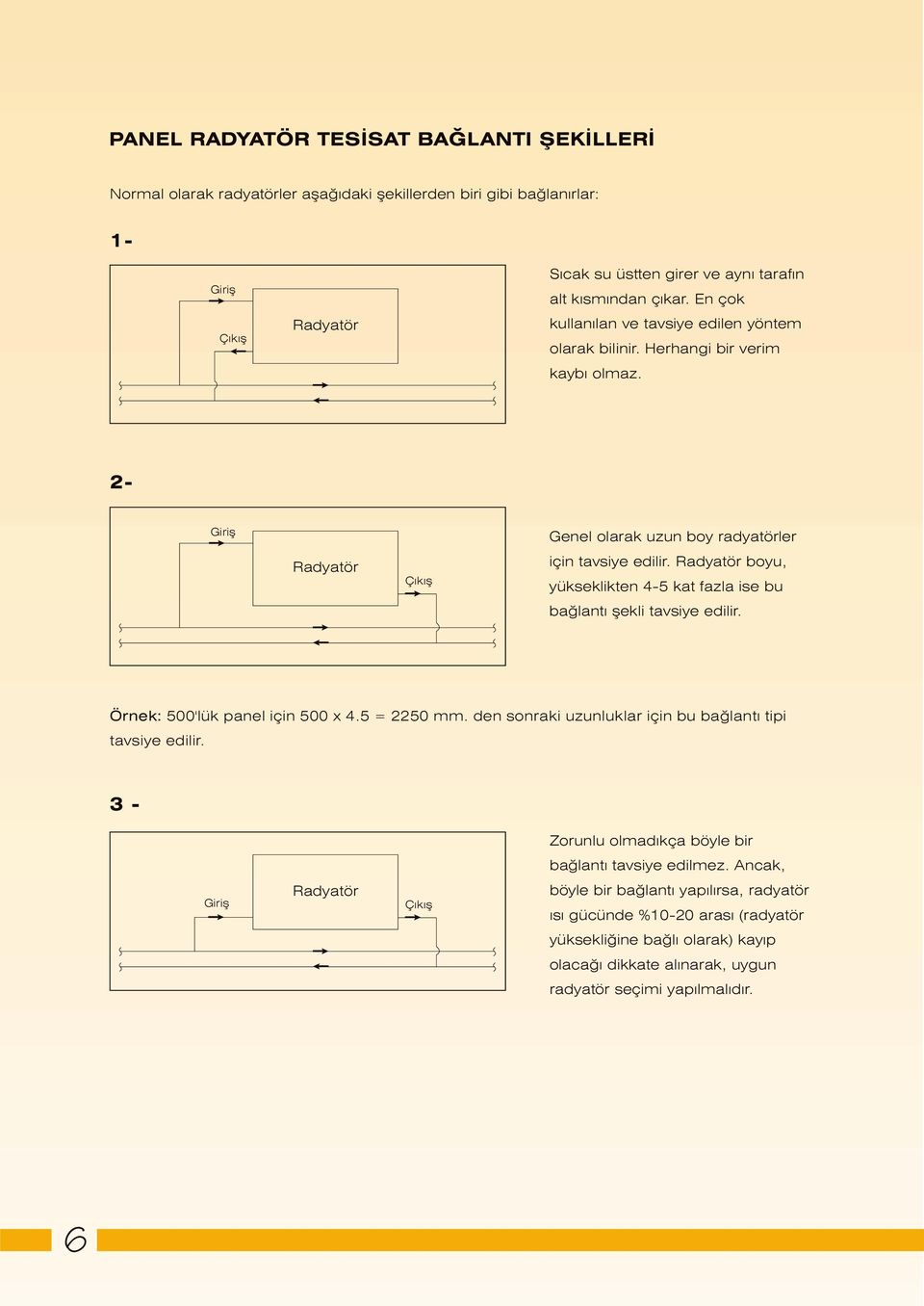 Radyatör boyu, yükseklikten 4-5 kat fazla ise bu baðlantý þekli tavsiye edilir. Örnek: 500'lük panel için 500 x 4.5 = 50 mm. den sonraki uzunluklar için bu baðlantý tipi tavsiye edilir.