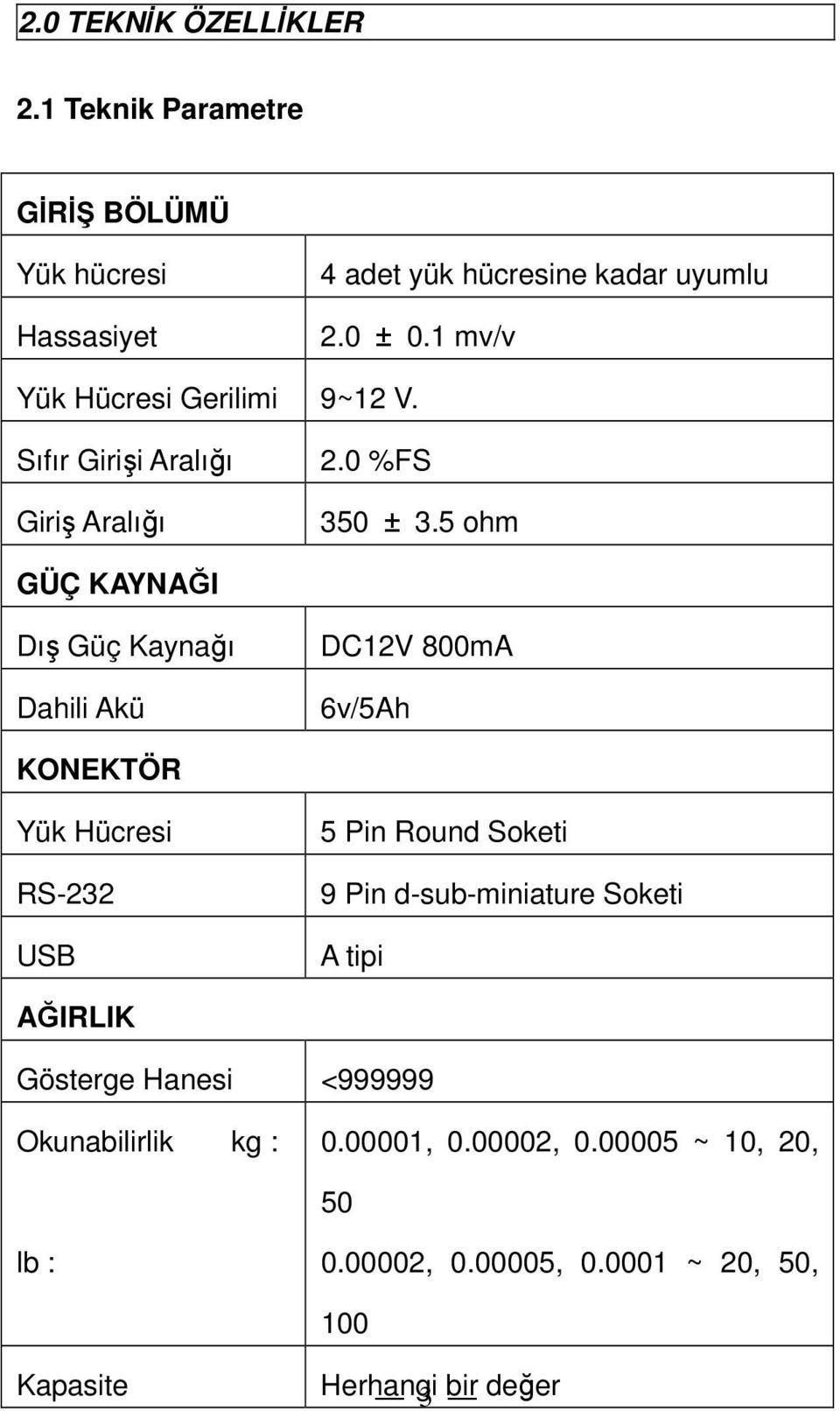 5 ohm GÜÇ KAYNAĞI Dış Güç Kaynağı Dahili Akü DC12V 800mA 6v/5Ah KONEKTÖR Yük Hücresi RS-232 USB 5 Pin Round Soketi 9 Pin