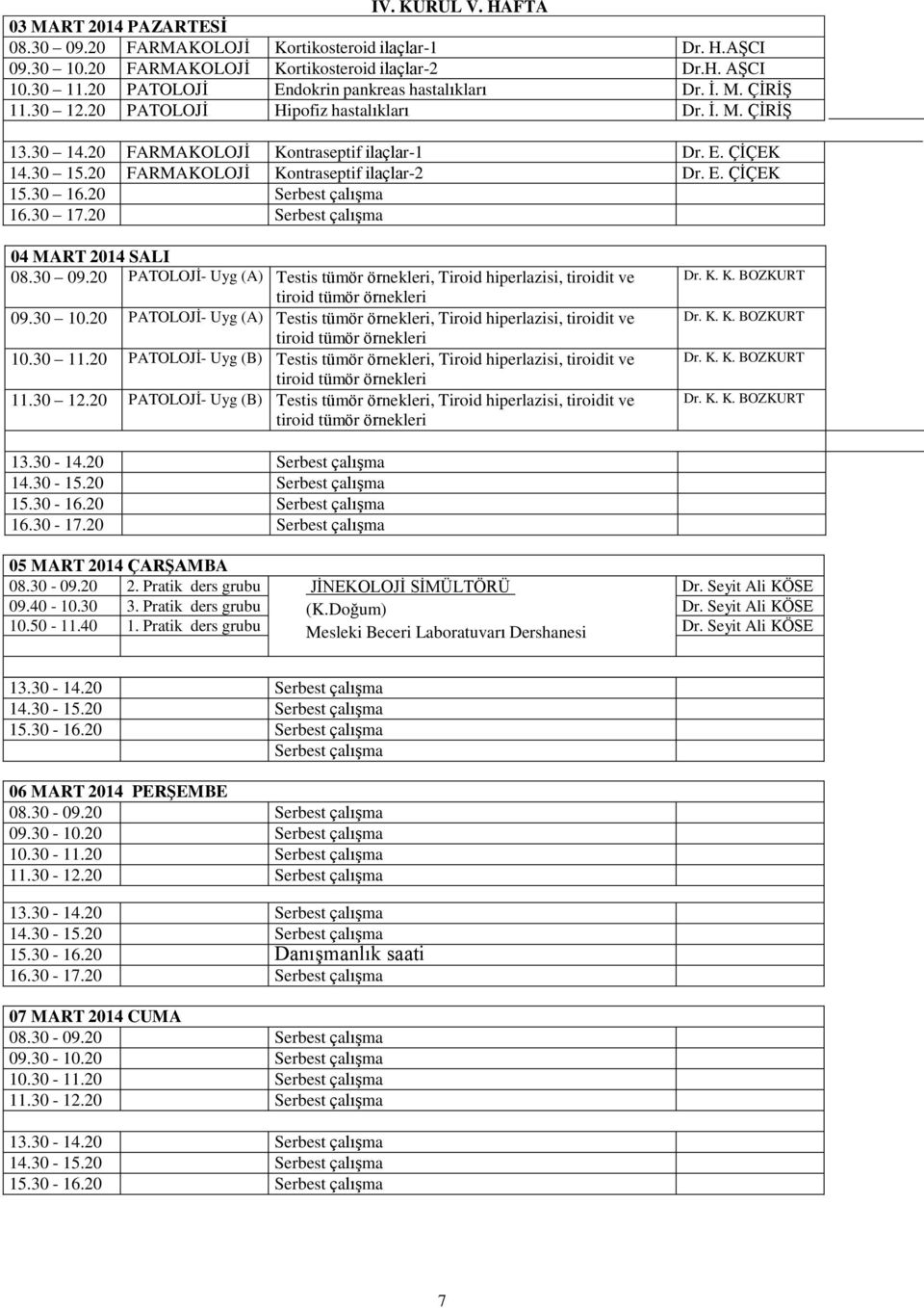 20 FARMAKOLOJİ Kontraseptif ilaçlar-2 Dr. E. ÇİÇEK 04 MART 2014 SALI 08.30 09.20 PATOLOJİ- Uyg (A) Testis tümör örnekleri, Tiroid hiperlazisi, tiroidit ve tiroid tümör örnekleri 09.30 10.