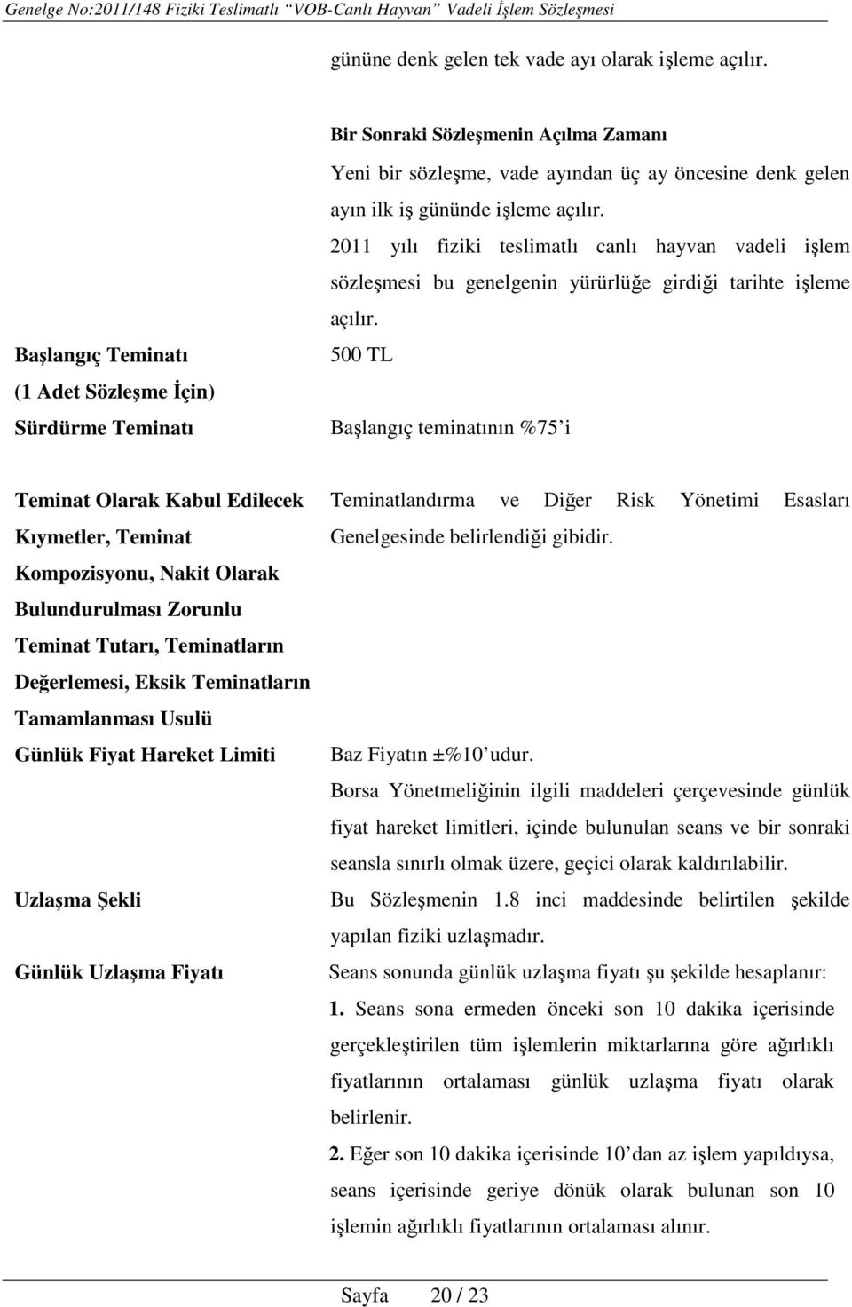 2011 yılı fiziki teslimatlı canlı hayvan vadeli işlem sözleşmesi bu genelgenin yürürlüğe girdiği tarihte işleme açılır.