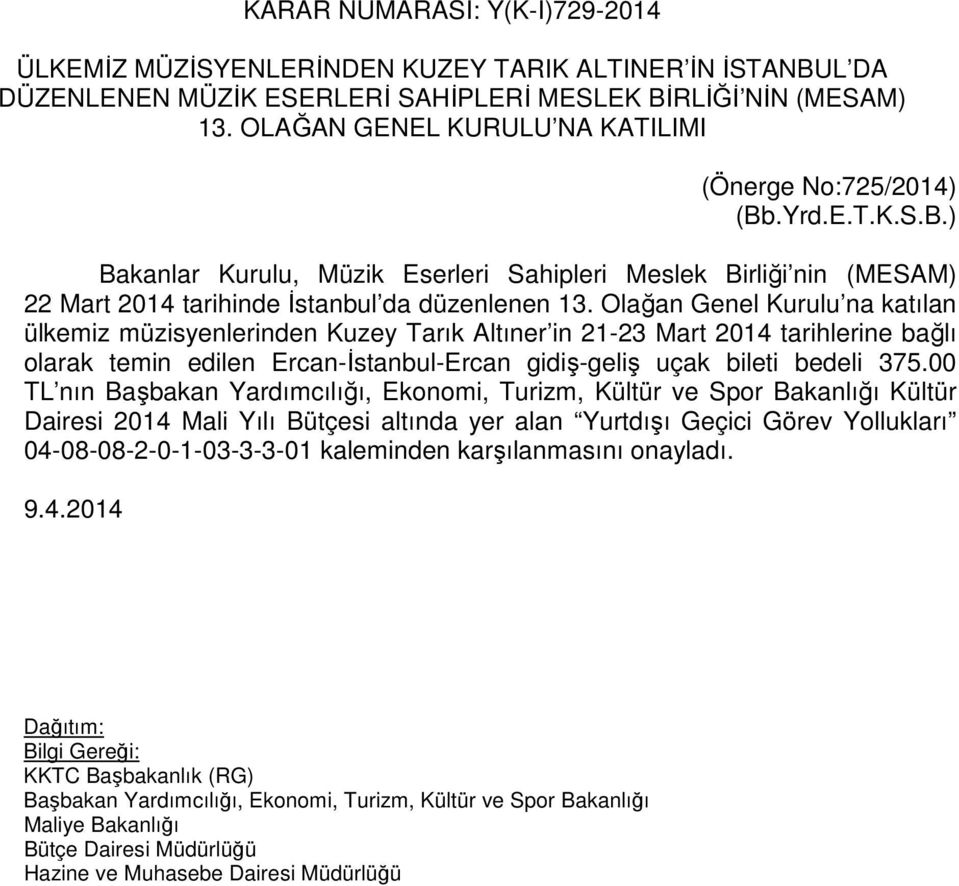 Olağan Genel Kurulu na katılan ülkemiz müzisyenlerinden Kuzey Tarık Altıner in 21-23 Mart 2014 tarihlerine bağlı olarak temin edilen Ercan-İstanbul-Ercan gidiş-geliş uçak bileti bedeli 375.