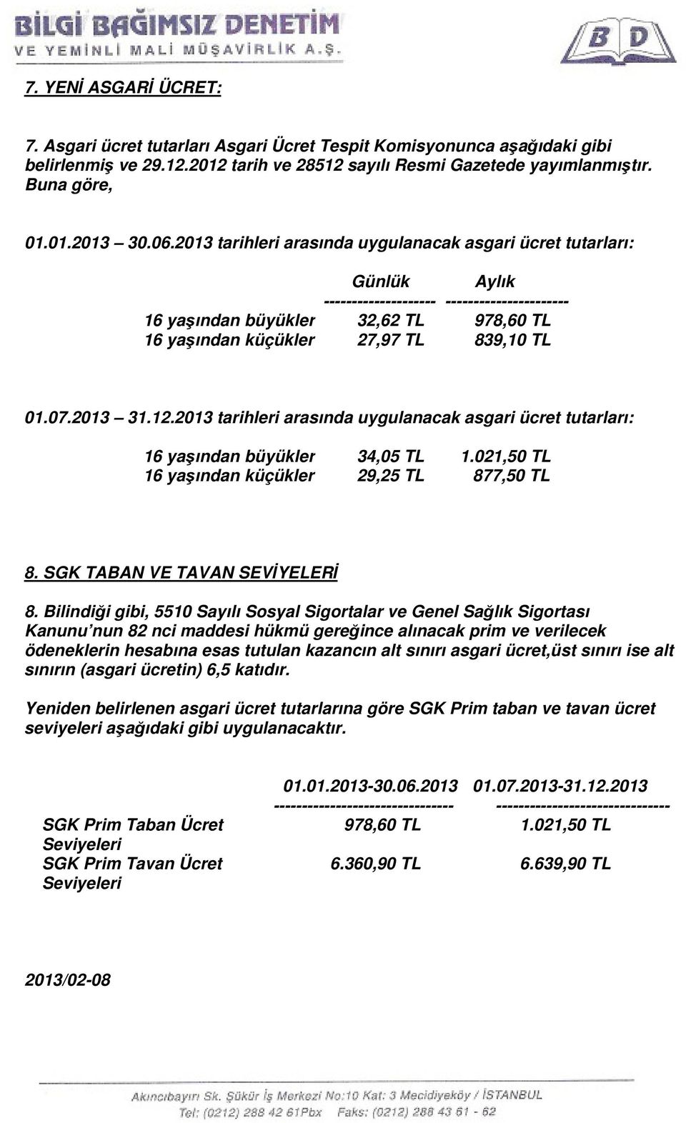 01.07.2013 31.12.2013 tarihleri arasında uygulanacak asgari ücret tutarları: 16 yaşından büyükler 34,05 TL 1.021,50 TL 16 yaşından küçükler 29,25 TL 877,50 TL 8. SGK TABAN VE TAVAN SEVİYELERİ 8.