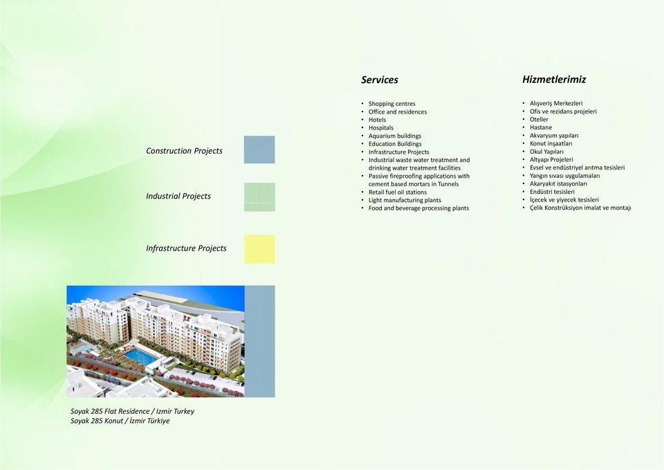 beverage processing plants Alışveriş Merkezleri Ofis ve rezidans projeleri Oteller Hastane Akvaryum yapıları Konut inşaatları Okul Yapıları Altyapı Projeleri Evsel ve endüstriyel arıtma tesisleri
