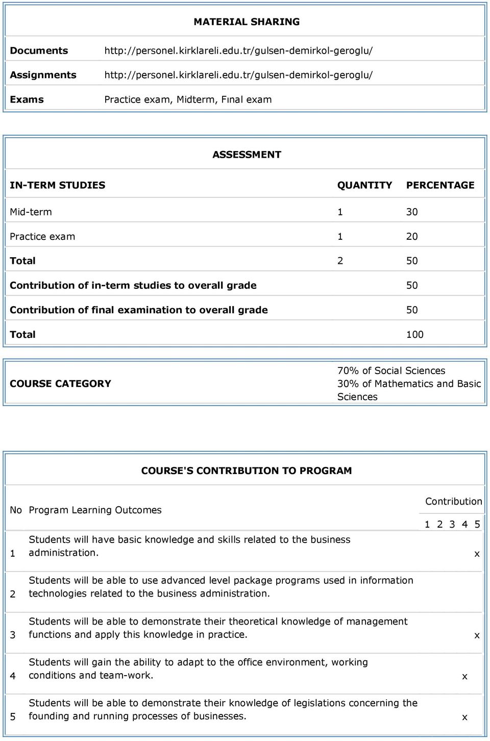 tr/gulsen-demirkol-geroglu/ Practice eam, Midterm, Fınal eam ASSESSMENT IN-TERM STUDIES QUANTITY PERCENTAGE Mid-term 1 30 Practice eam 1 20 Total 2 50 Contribution of in-term studies to overall grade