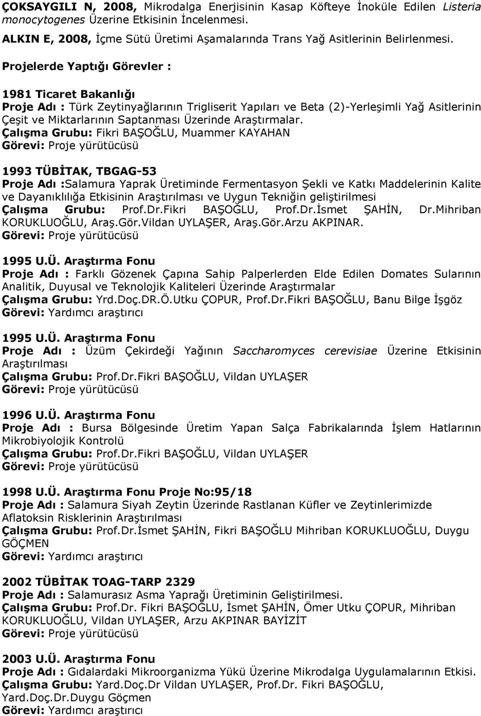 Projelerde Yaptığı Görevler : 1981 Ticaret Bakanlığı Proje Adı : Türk Zeytinyağlarının Trigliserit Yapıları ve Beta (2)-Yerleşimli Yağ Asitlerinin Çeşit ve Miktarlarının Saptanması Üzerinde