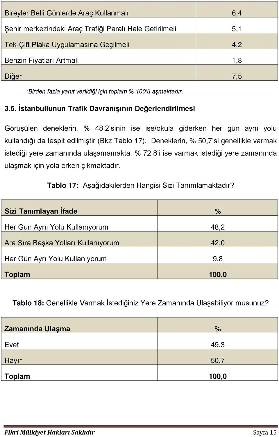İstanbullunun Trafik Davranışının Değerlendirilmesi Görüşülen deneklerin, % 48,2 sinin ise işe/okula giderken her gün aynı yolu kullandığı da tespit edilmiştir (Bkz Tablo 17).
