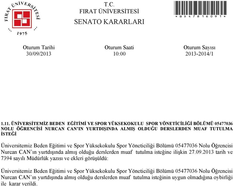 derslerden muaf tutulma isteğine ilişkin 27.09.