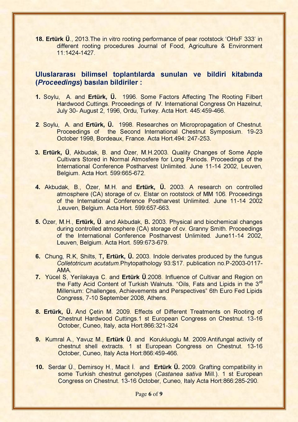 Proceedings of IV. International Congress On Hazelnut, July 30- August 2, 1996, Ordu, Turkey. Acta Hort. 445:459-466. 2. Soylu, A. and Ertürk, Ü. 1998. Researches on Micropropagation of Chestnut.