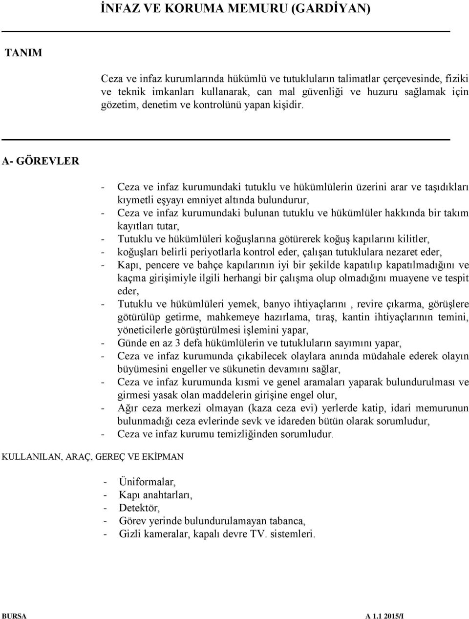 A- GÖREVLER KULLANILAN, ARAÇ, GEREÇ VE EKİPMAN - Ceza ve infaz kurumundaki tutuklu ve hükümlülerin üzerini arar ve taşıdıkları kıymetli eşyayı emniyet altında bulundurur, - Ceza ve infaz kurumundaki