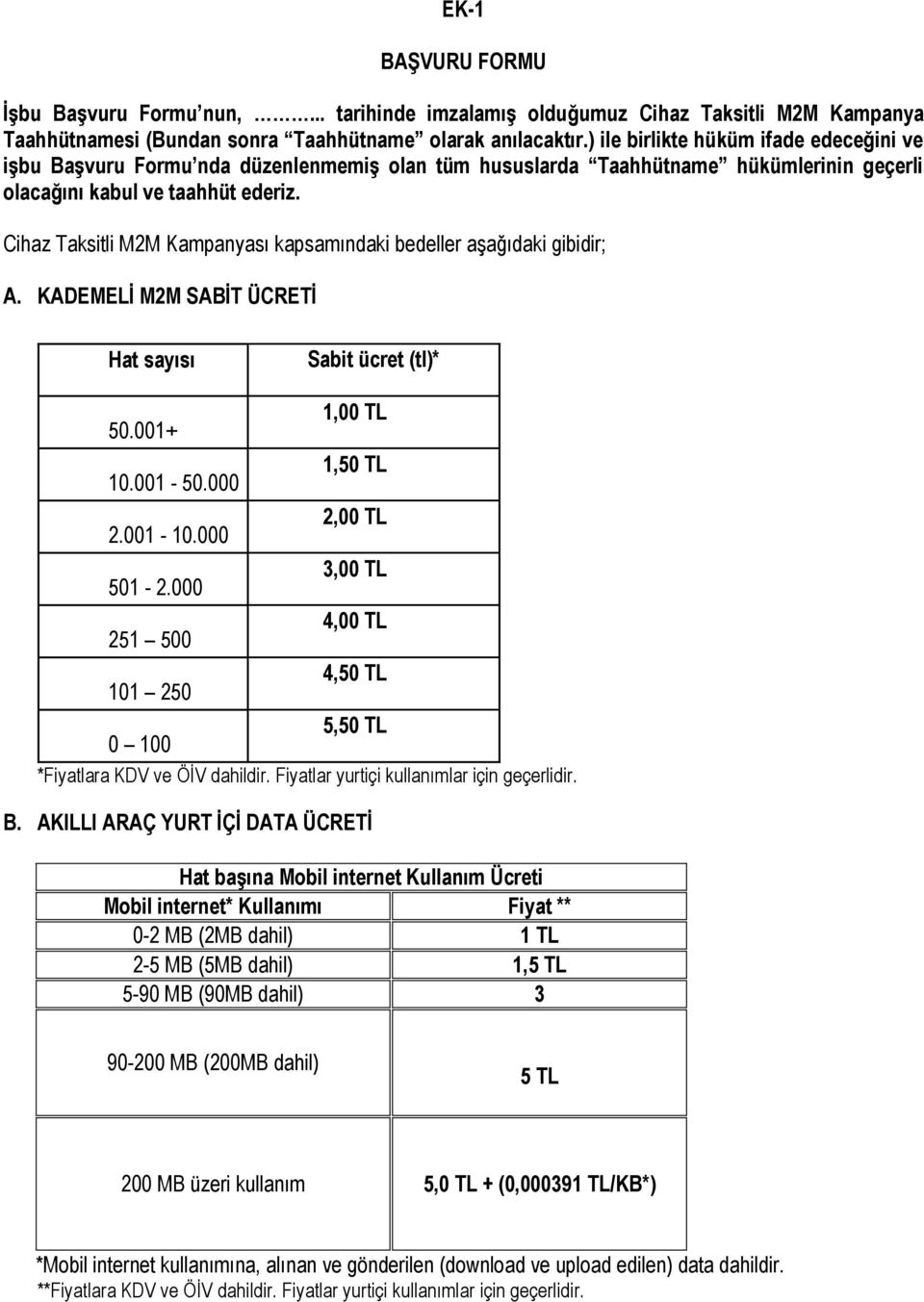 Cihaz Taksitli M2M Kampanyası kapsamındaki bedeller aşağıdaki gibidir; A. KADEMELİ M2M SABİT ÜCRETİ Hat sayısı Sabit ücret (tl)* 50.001+ 10.001-50.000 2.001-10.000 501-2.