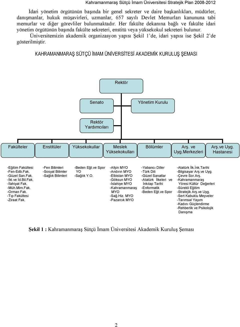 Üniversitemizin akademik organizasyon yapısı Şekil 1 de, idari yapısı ise Şekil 2 de gösterilmiştir.