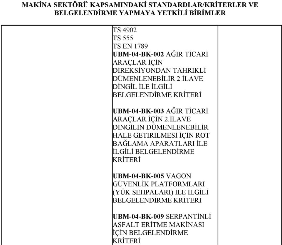 İLA DİNGİL İLE İLGİLİ KRİTERİ UBM-04-BK-003 AĞIR TİCARİ ARAÇLAR İÇİN 2.