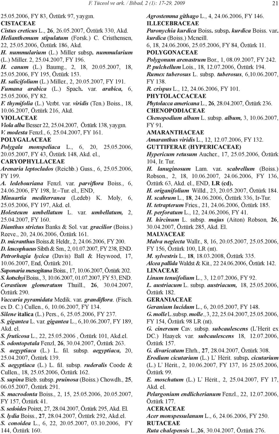 H. salicifolium (L.) Miller., 2, 20.05.2007, FY 191. Fumana arabica (L.) Spach. var. arabica, 6, 25.05.2006, FY 82. F. thymifolia (L.) Verbt. var. viridis (Ten.) Boiss., 18, 10.06.2007, Öztürk 216, Akd.
