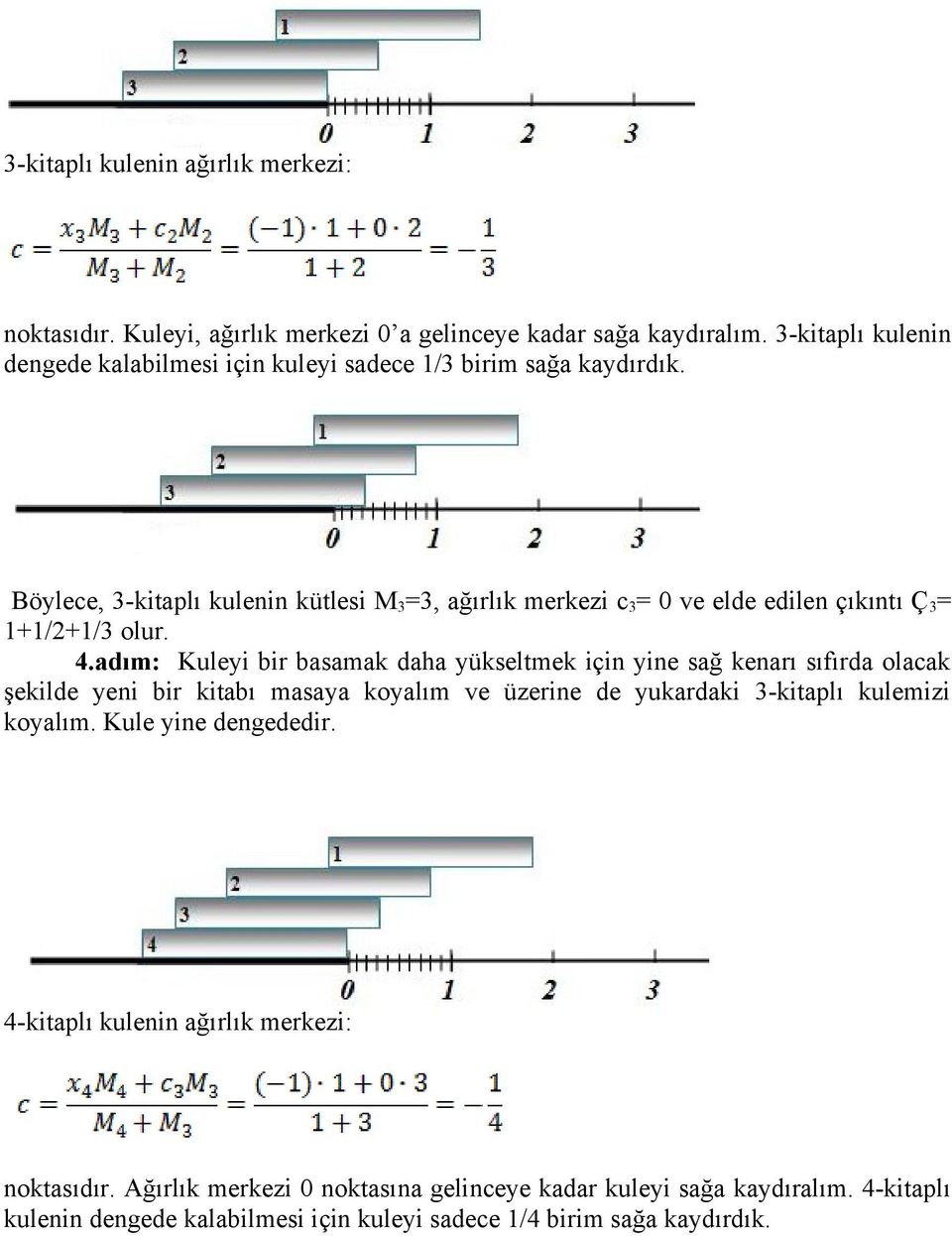 Böylece, 3-kitaplı kulenin kütlesi M 3 =3, ağırlık merkezi c 3 = 0 ve elde edilen çıkıntı Ç 3 = 1+1/2+1/3 olur. 4.