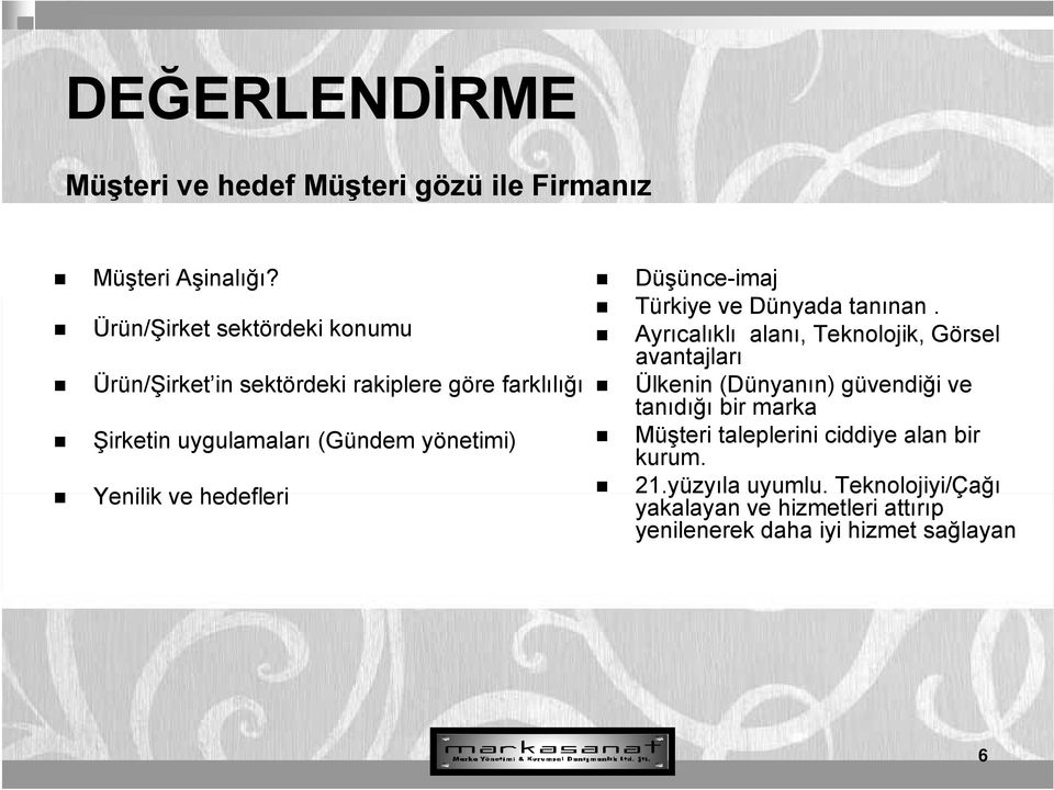 ğ Ülkenin (Dünyanın) )güvendiği ğ ve tanıdığı bir marka Şirketin uygulamaları (Gündem yönetimi) Müşteri taleplerini ciddiye alan bir