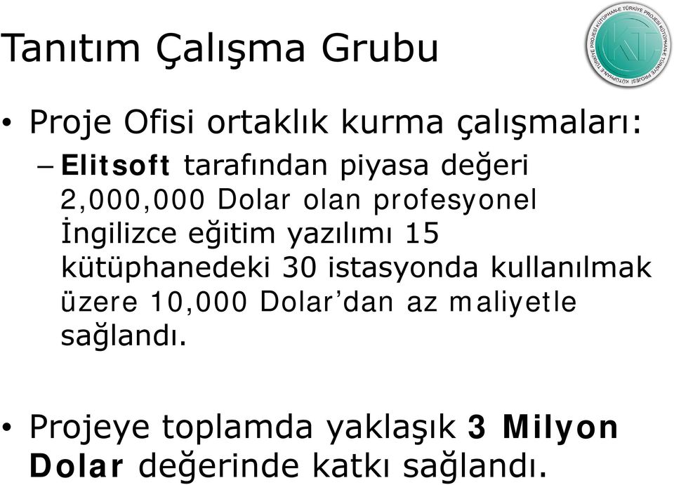 yazılımı 15 kütüphanedeki 30 istasyonda kullanılmak üzere 10,000 Dolar dan az