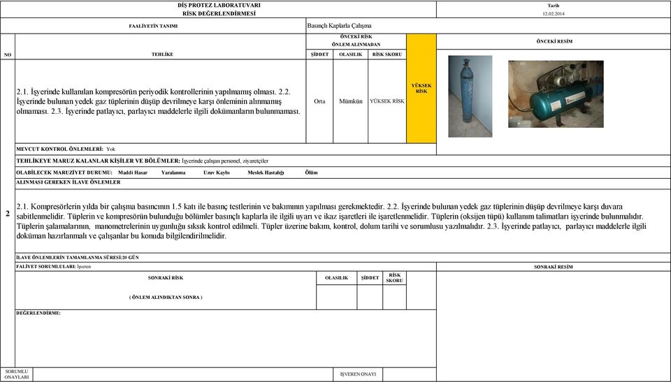 5 katı ile basınç testlerinin ve bakımının yapılması gerekmektedir. 2.2. İşyerinde bulunan yedek gaz tüplerinin düşüp devrilmeye karşı duvara sabitlenmelidir.