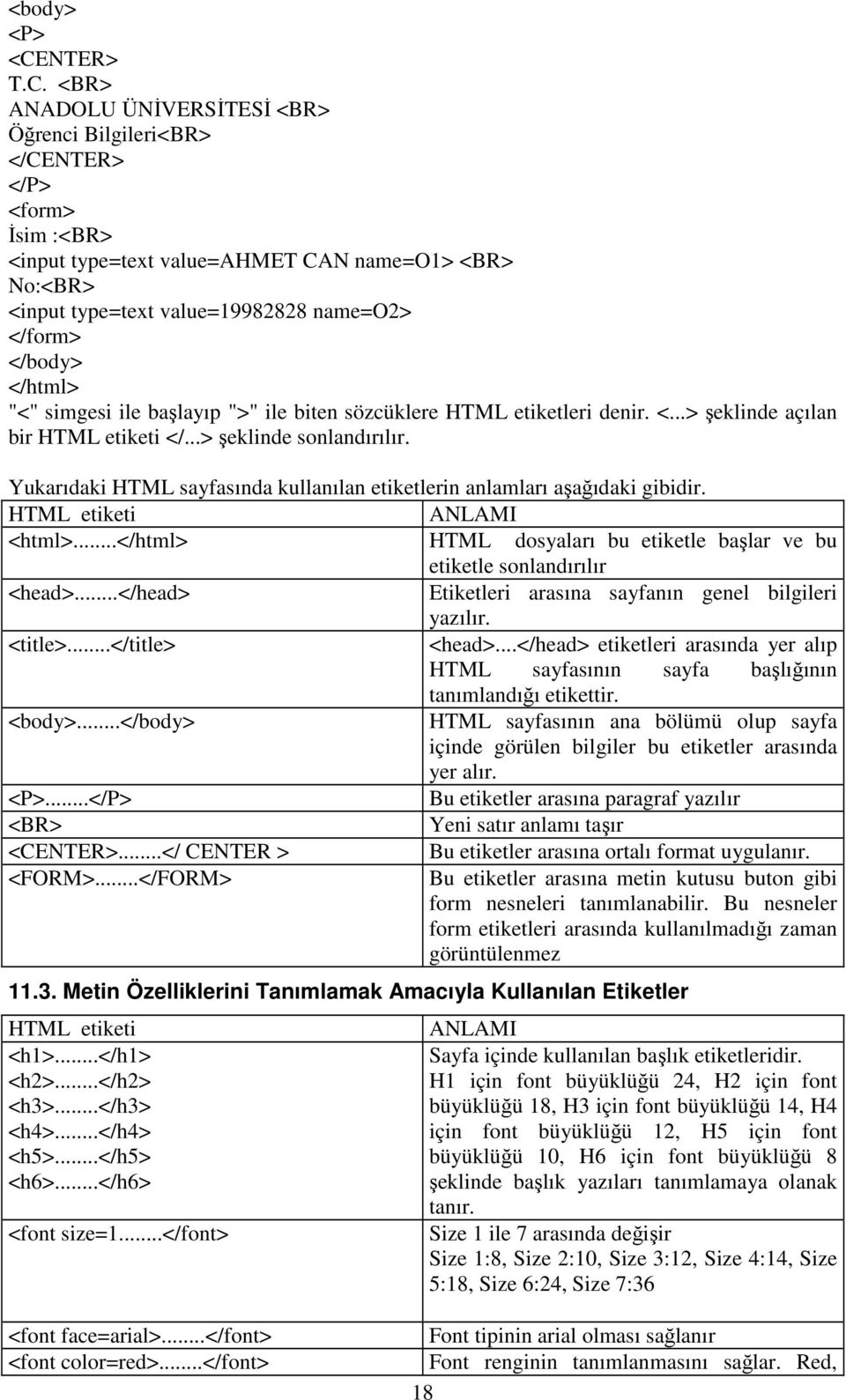 <BR> ANADOLU ÜNĐVERSĐTESĐ <BR> Öğrenci Bilgileri<BR> </CENTER> </P> <form> Đsim :<BR> <input type=text value=ahmet CAN name=o1> <BR> No:<BR> <input type=text value=19982828 name=o2> </form> </body>