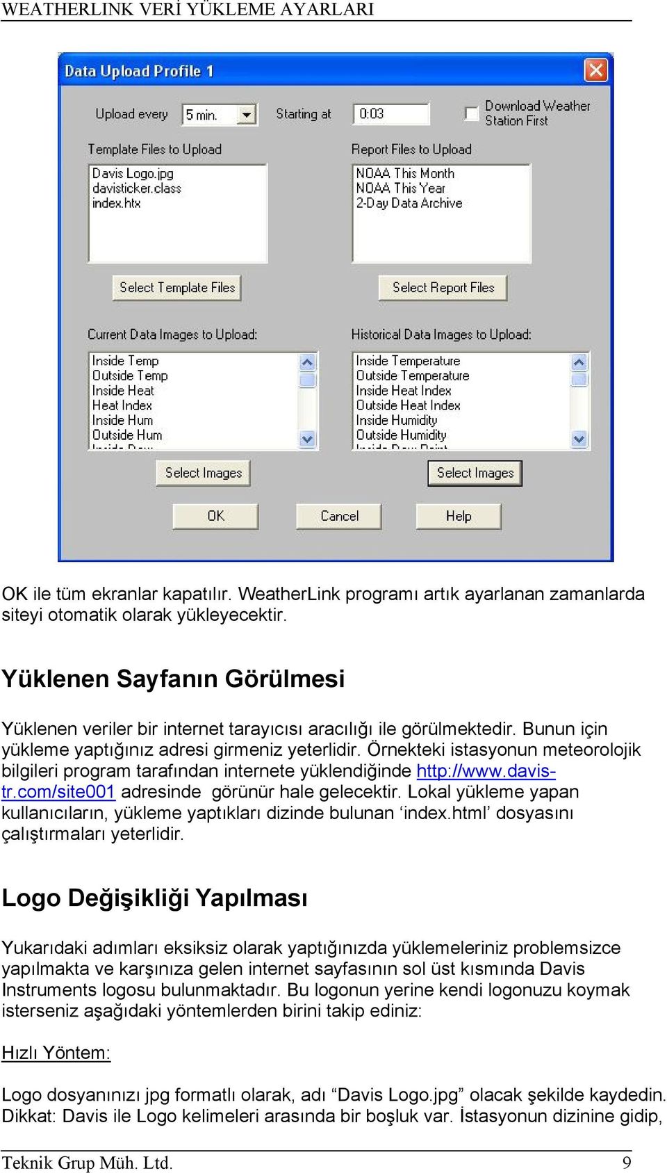 Örnekteki istasyonun meteorolojik bilgileri program tarafından internete yüklendiğinde http://www.davistr.com/site001 adresinde görünür hale gelecektir.