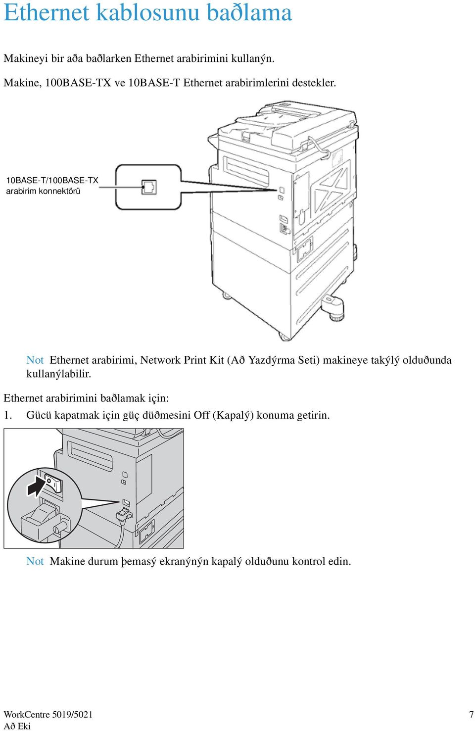 10BASE-T/100BASE-TX arabirim konnektörü Not Ethernet arabirimi, Network Print Kit (Að Yazdýrma Seti) makineye