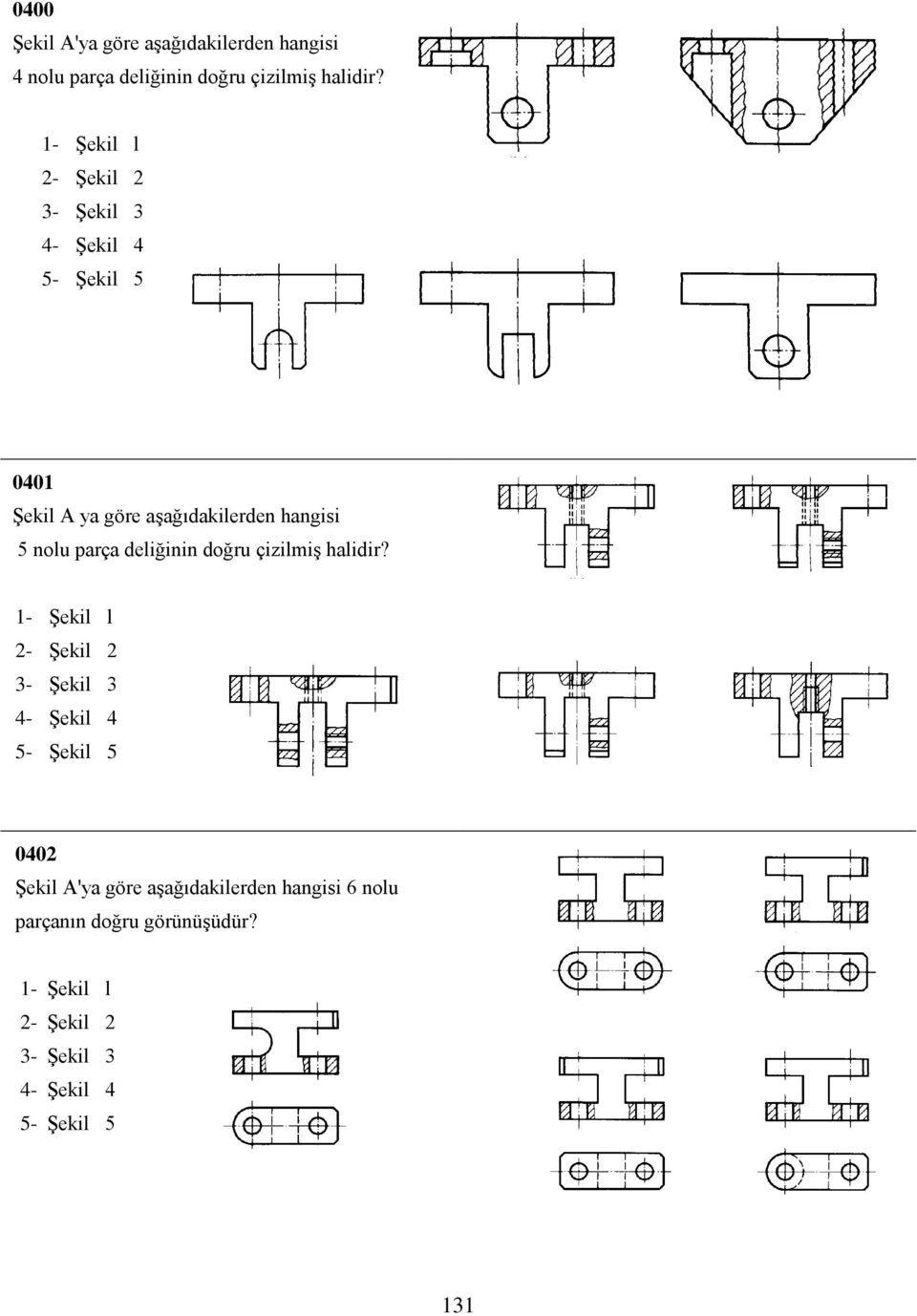0401 Şekil A ya göre aşağıdakilerden hangisi 5 nolu parça  0402