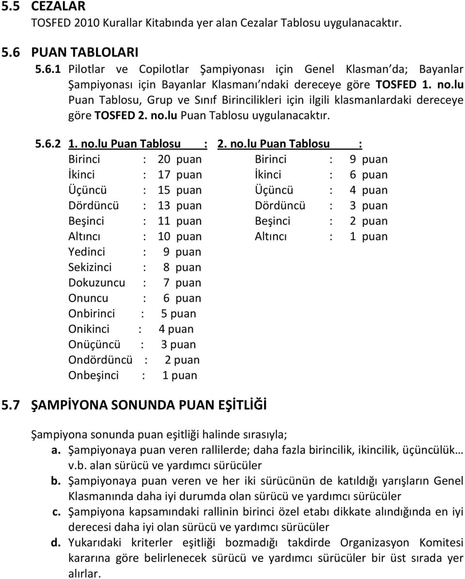 lu Puan Tablosu, Grup ve Sınıf likleri için ilgili klasmanlardaki dereceye göre TOSFED 2. no.