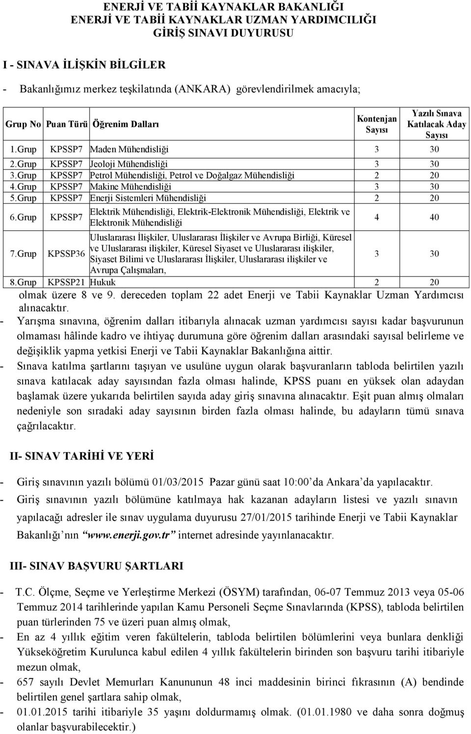 Grup KPSSP7 Petrol Mühendisliği, Petrol ve Doğalgaz Mühendisliği 2 20 4.Grup KPSSP7 Makine Mühendisliği 3 30 5.Grup KPSSP7 Enerji Sistemleri Mühendisliği 2 20 6.Grup 7.