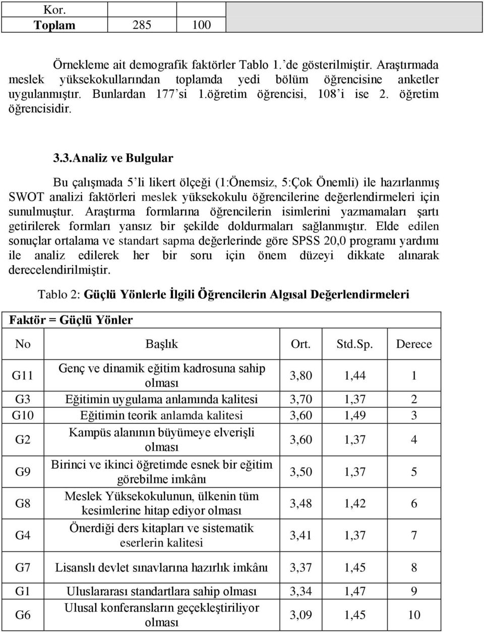 3.Analiz ve Bulgular Bu çalışmada 5 li likert ölçeği (1:Önemsiz, 5:Çok Önemli) ile hazırlanmış SWOT analizi faktörleri meslek yüksekokulu öğrencilerine değerlendirmeleri için sunulmuştur.