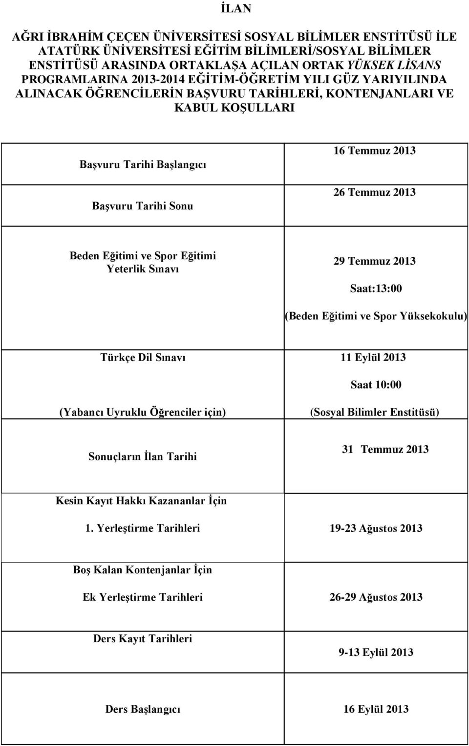 Beden Eğitimi ve Spor Eğitimi Yeterlik Sınavı 29 Temmuz 2013 Saat:13:00 (Beden Eğitimi ve Spor okulu) Türkçe Dil Sınavı 11 Eylül 2013 Saat 10:00 (Yabancı Uyruklu Öğrenciler için) (Sosyal Bilimler