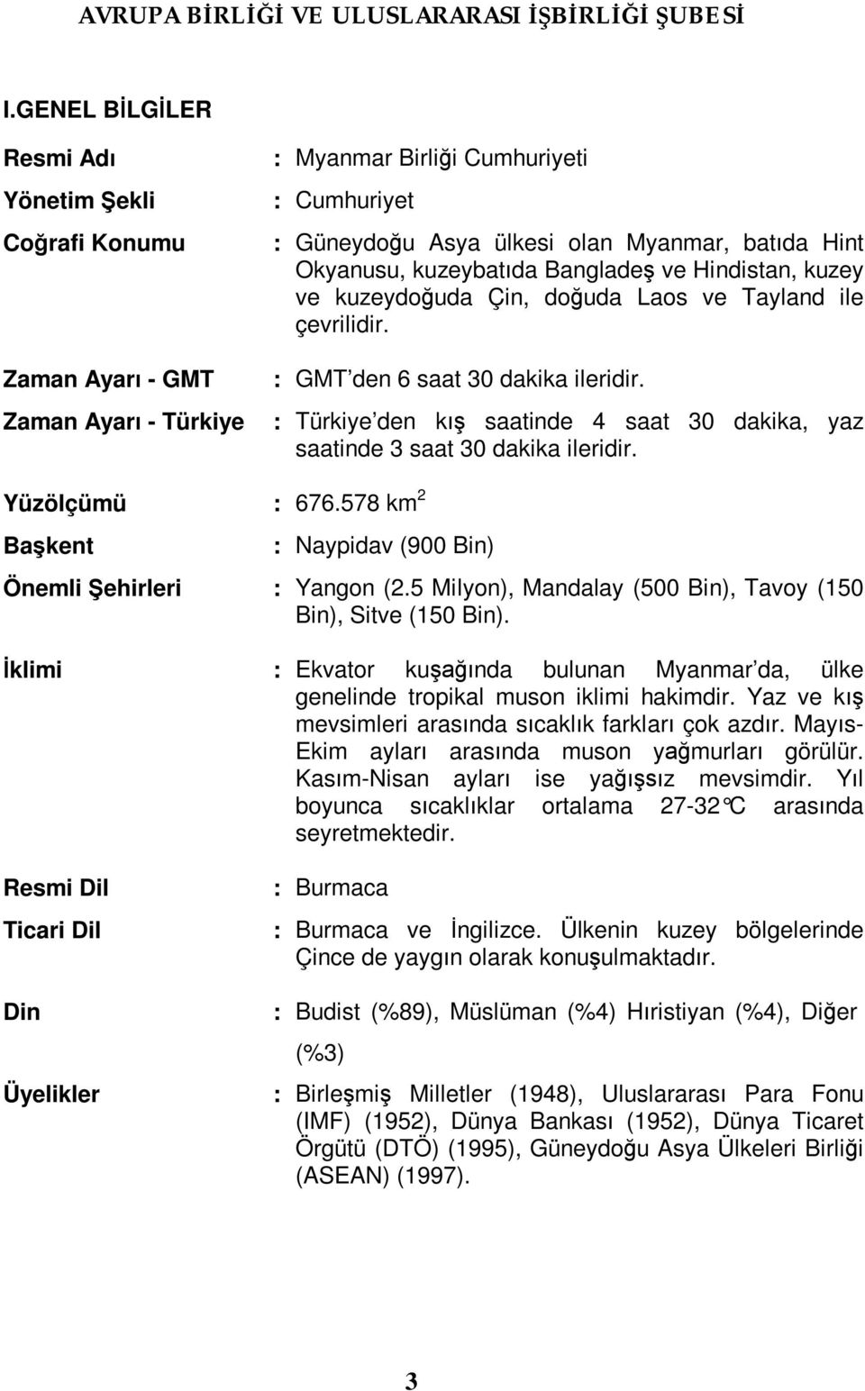 Zaman Ayarı - Türkiye : Türkiye den kış saatinde 4 saat 30 dakika, yaz saatinde 3 saat 30 dakika ileridir. Yüzölçümü : 676.578 km 2 Başkent : Naypidav (900 Bin) Önemli Şehirleri : Yangon (2.