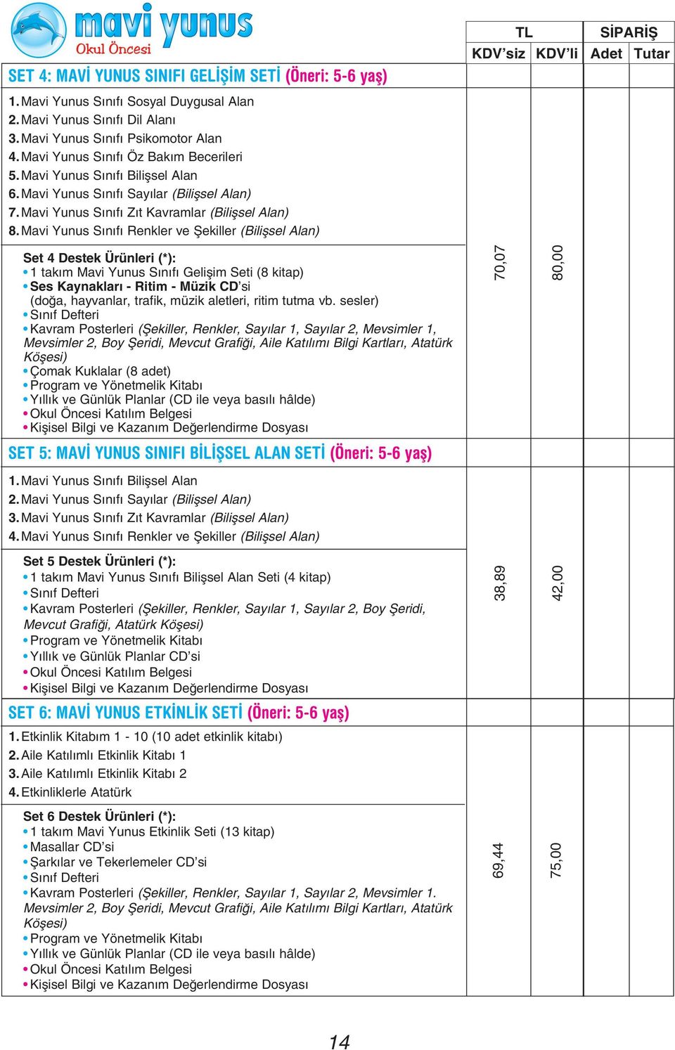 Mavi Yunus S n f Renkler ve fiekiller (Biliflsel Alan) Set 4 Destek Ürünleri (*): 1 tak m Mavi Yunus S n f Geliflim Seti (8 kitap) Ses Kaynaklar - Ritim - Müzik CD si (do a, hayvanlar, trafik, müzik