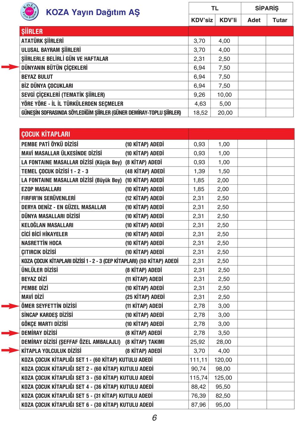 RLER) 18,52 20,00 ÇOCUK K TAPLARI PEMBE PAT ÖYKÜ D Z S (10 K TAP) ADED 0,93 1,00 MAV MASALLAR ÜLKES NDE D Z S (10 K TAP) ADED 0,93 1,00 LA FONTAINE MASALLAR D Z S (Küçük Boy) (8 K TAP) ADED 0,93 1,00