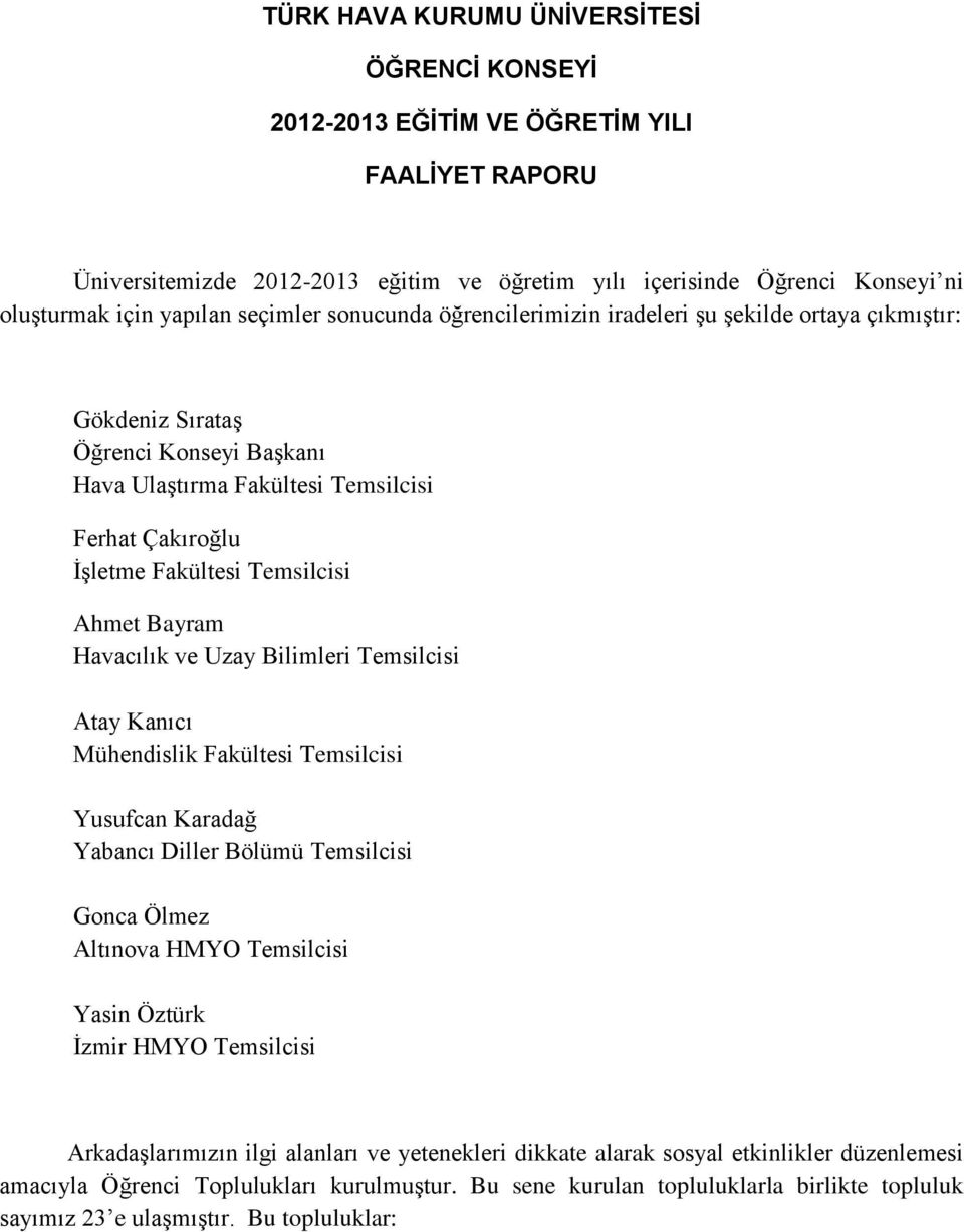 Ahmet Bayram Havacılık ve Uzay Bilimleri Temsilcisi Atay Kanıcı Mühendislik Fakültesi Temsilcisi Yusufcan Karadağ Yabancı Diller Bölümü Temsilcisi Gonca Ölmez Altınova HMYO Temsilcisi Yasin Öztürk