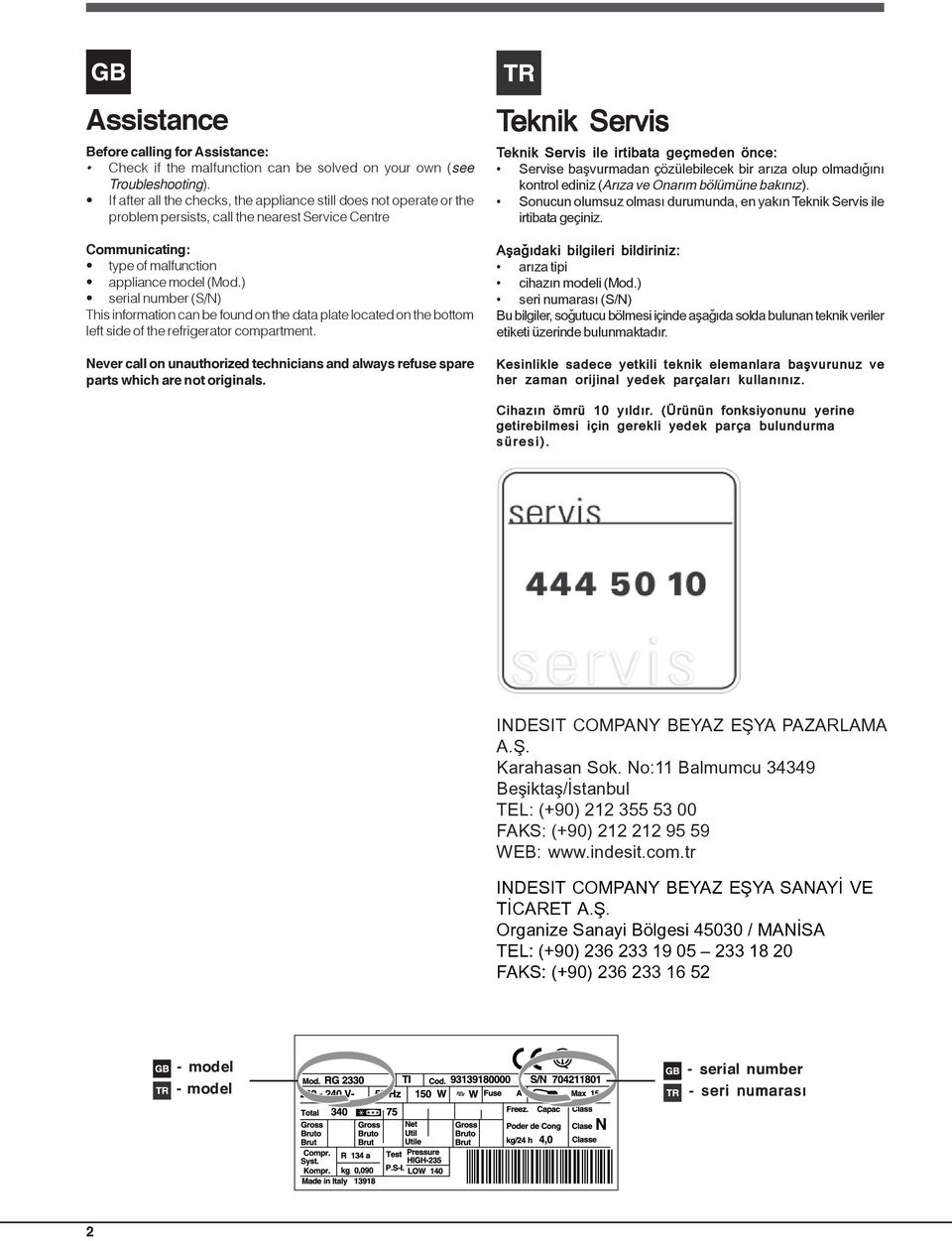 ) serial number (S/N) This information can be found on the data plate located on the bottom left side of the refrigerator compartment.