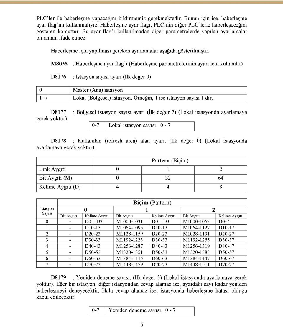 M8038 : Haberleşme ayar flag ı (Haberleşme parametrelerinin ayarı için kullanılır) D8176 : İstasyon sayısı ayarı (İlk değer 0) 0 Master (Ana) istasyon 1 7 Lokal (Bölgesel) istasyon.