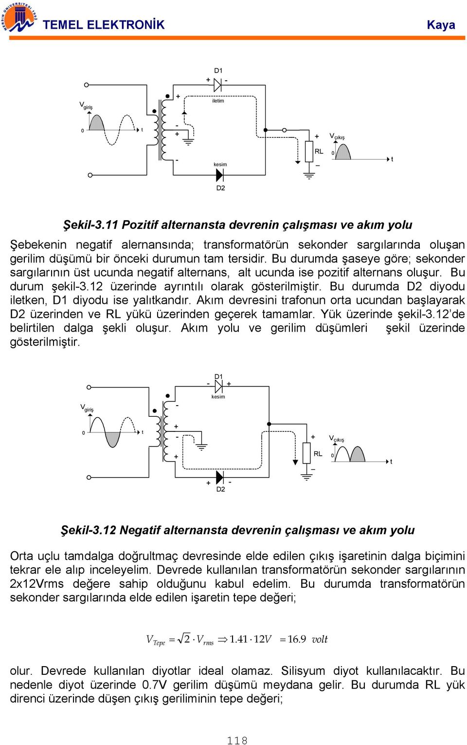 Bu durumda şaseye göre; sekonder sargılarının üs ucunda negaif alernans, al ucunda ise poziif alernans oluşur. Bu durum şekil3.12 üzerinde ayrınılı olarak göserilmişir.