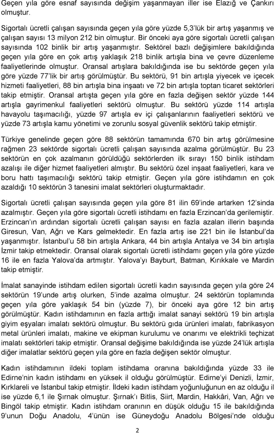 Bir önceki aya göre sigortalı ücretli çalışan sayısında 102 binlik bir artış yaşanmıştır.