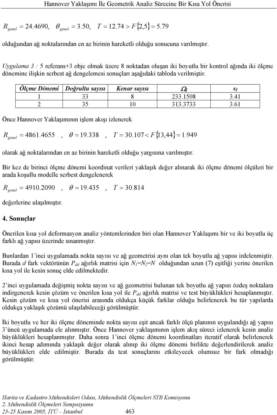 Ölçme Dönem Doğrultu sayısı Kenar sayısı Ω İ s İ 33 8 33.508 3.4 35 0 33.3733 3.6 Önce Hannover Yaklaşımının şlem akışı zlenerek { 3,44}. 949 genel 486.4655, θ 9.338, 30.