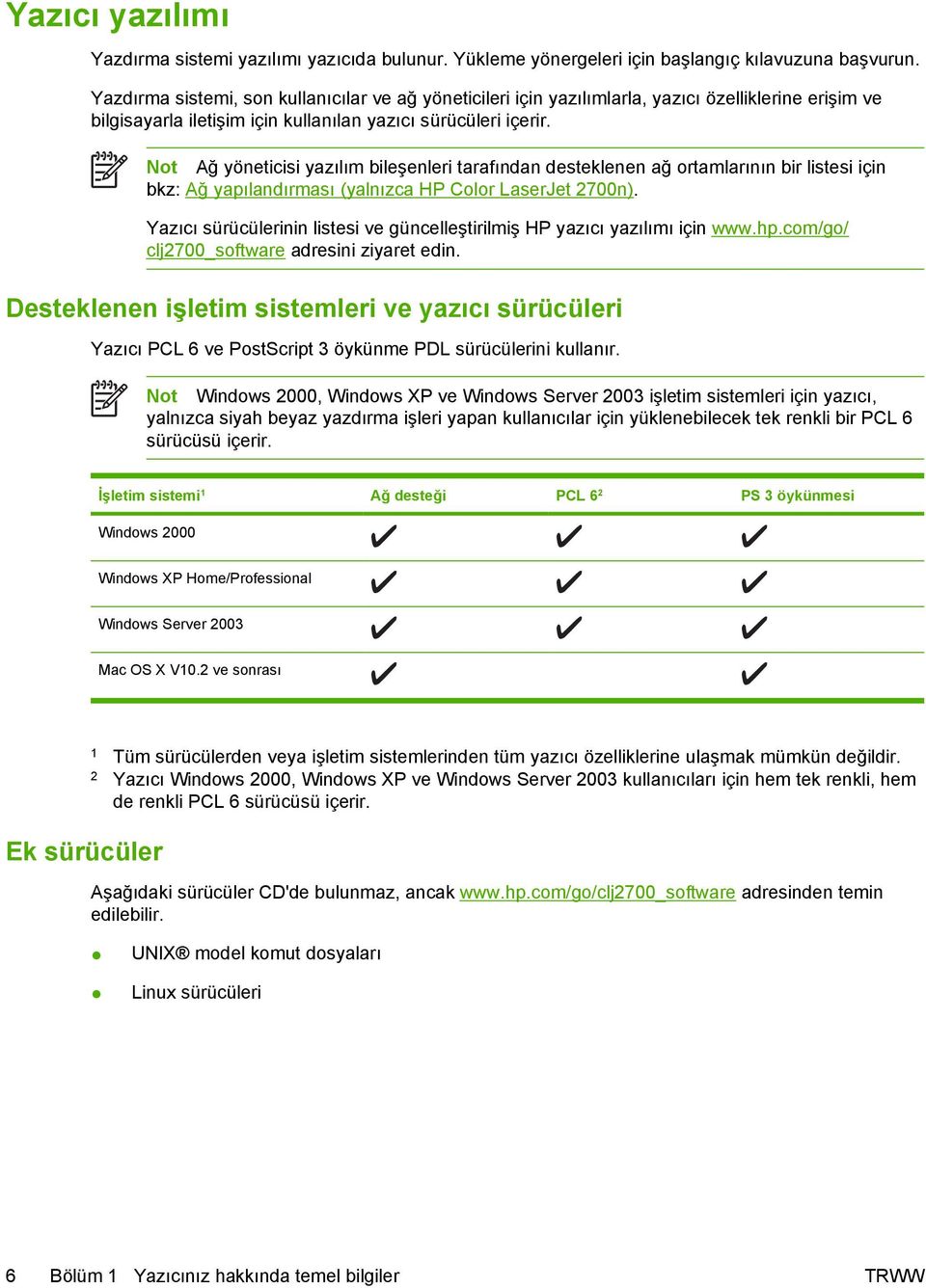 Not Ağ yöneticisi yazılım bileşenleri tarafından desteklenen ağ ortamlarının bir listesi için bkz: Ağ yapılandırması (yalnızca HP Color LaserJet 2700n).