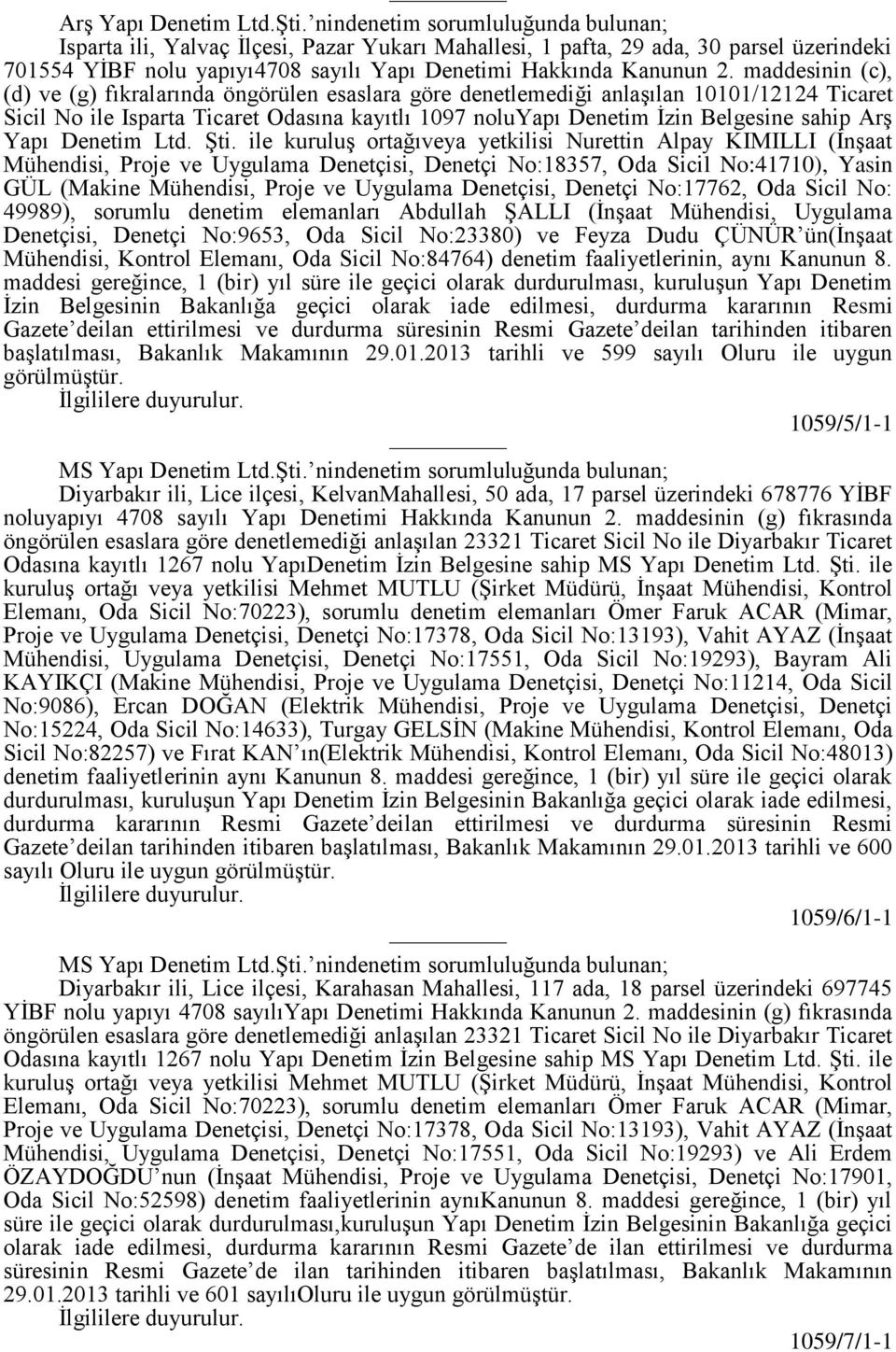 maddesinin (c), (d) ve (g) fıkralarında öngörülen esaslara göre denetlemediği anlaşılan 10101/12124 Ticaret Sicil No ile Isparta Ticaret Odasına kayıtlı 1097 noluyapı Denetim İzin Belgesine sahip Arş