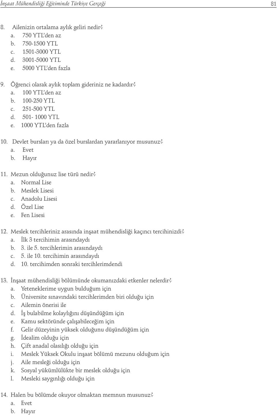 11. Mezun olduğunuz lise türü nedir? a. Normal Lise b. Meslek Lisesi c. Anadolu Lisesi d. Özel Lise e. Fen Lisesi 12. Meslek tercihleriniz arasında inşaat mühendisliği kaçıncı tercihinizdi? a. İlk 3 tercihimin arasındaydı b.