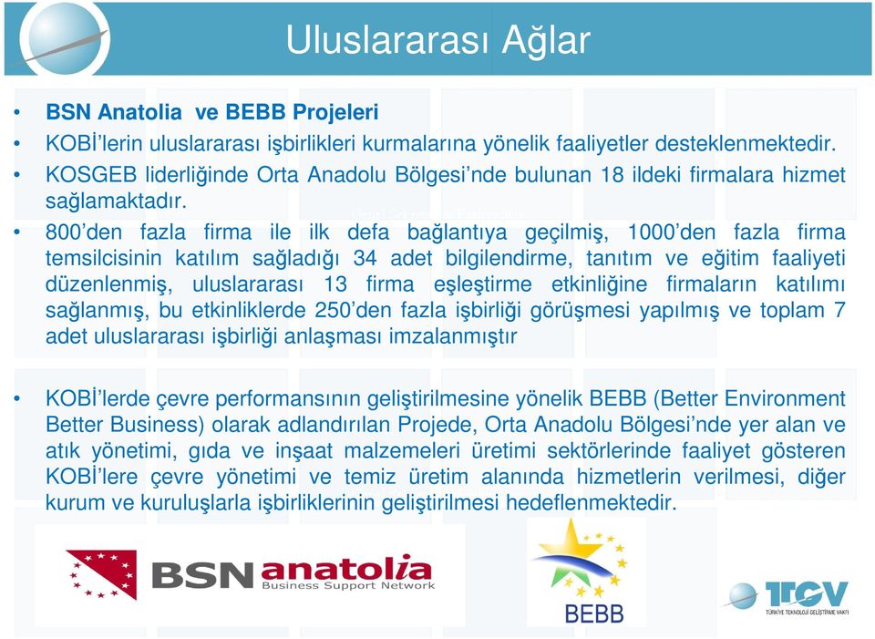 800 den fazla firma ile ilk defa bağlantıya geçilmiş, 1000 den fazla firma temsilcisinin katılım sağladığı 34 adet bilgilendirme, tanıtım ve eğitim faaliyeti düzenlenmiş, uluslararası 13 firma